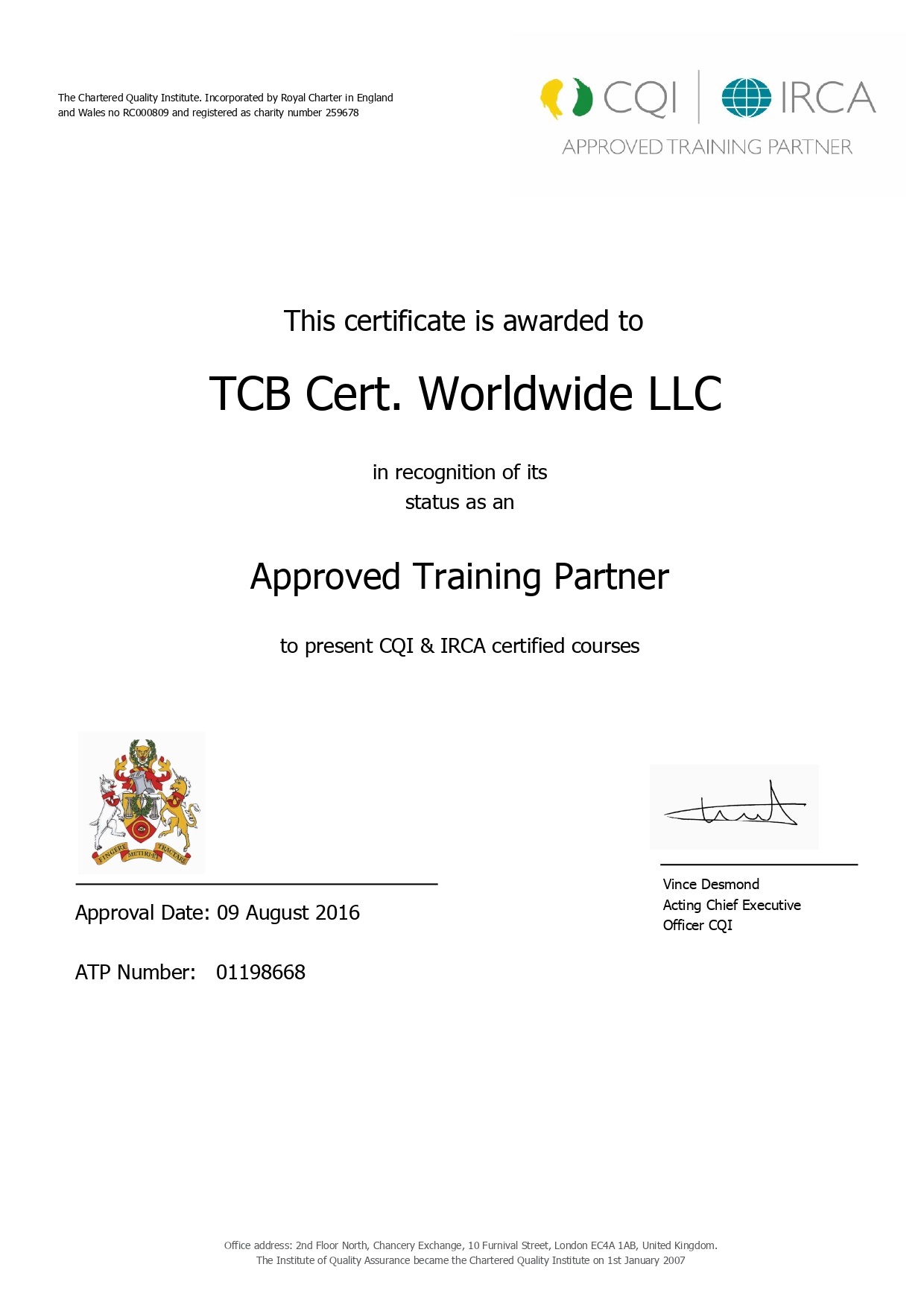 CQI/IRCA Certificate of TCB&nbsp; as Approved Training Partner